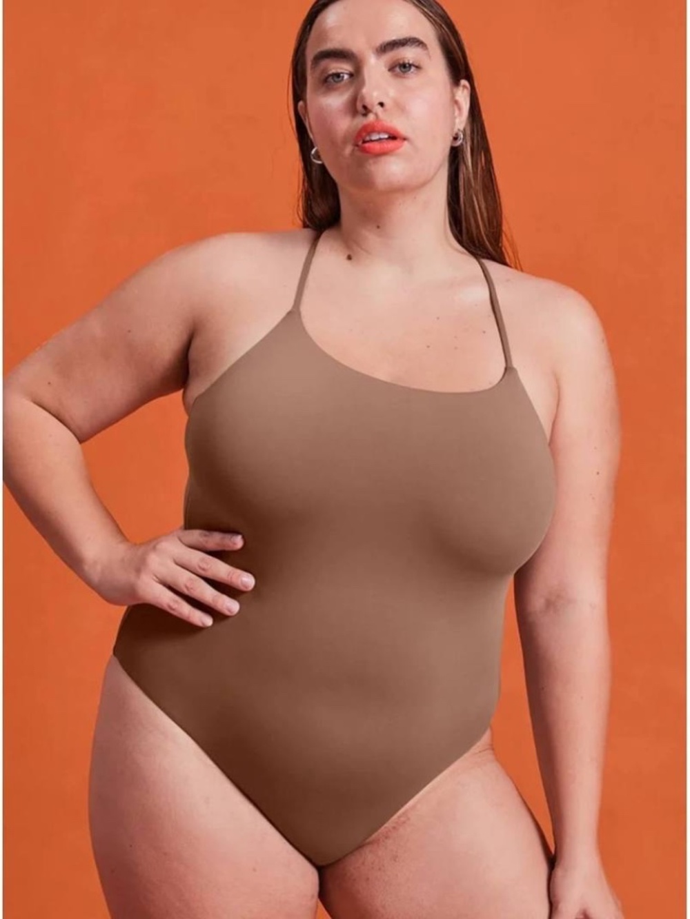 girlfriend collective Taupe Slim-Strap One-Piece Swimsuit